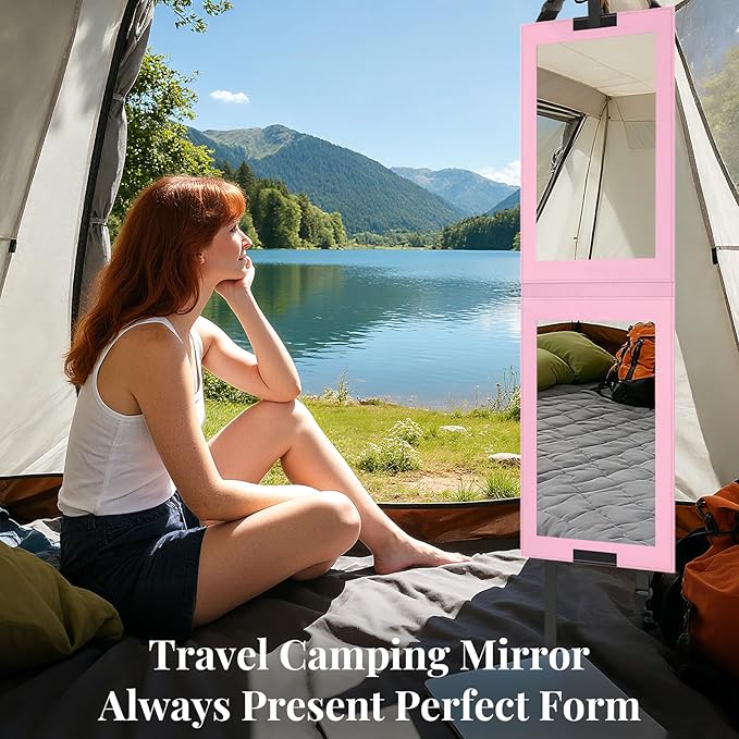 Shinowa Foldable Portable Full Length Mirror for Dancer, Camping and Travel, Shatter-Proof Acrylic Hanging Mirror with Handle, 33x13 Inch Full Body Travel Backstage Mirror, Pink