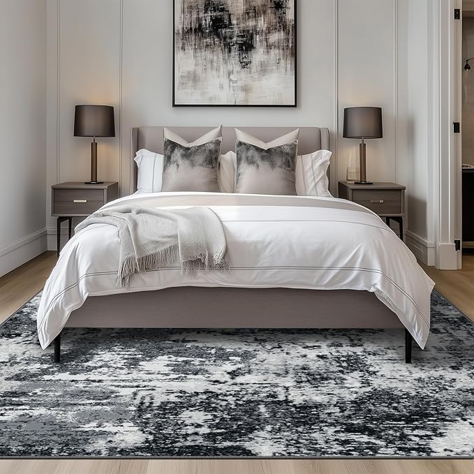 RELEANY Washable Area Rugs7'x9' Non-Slip Modern Abstract Soft for Living Room Entryway Bedroom Nursery, Print Pattern, Black Navy Blue Gray