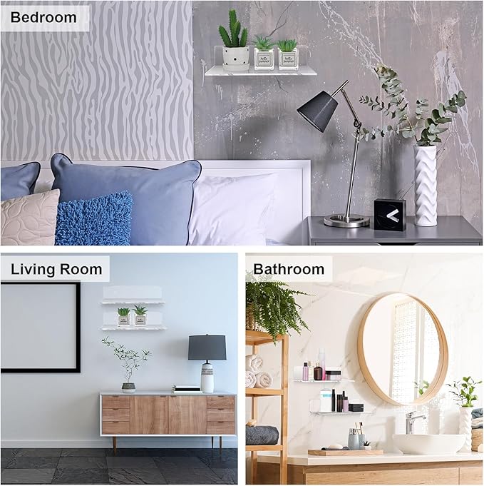 Vinsot 8 Pack Acrylic Floating Shelves 12 Inch Clear Acrylic Wall Display 4 mm Thick Invisible Book Shelves for Bedroom Living Room Bathroom Office Wall