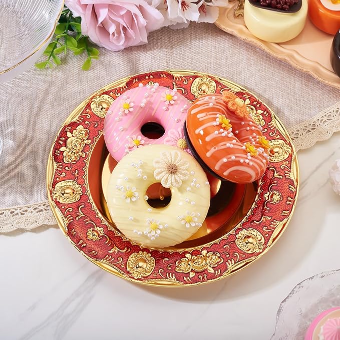 1pcs Golden Serving Tray for Party 4.8" Vintage Round Decorative Plate Tray Jewelry Makeup Organizer Dishes Bathroom Vanity Tray for Gift Wedding Coffee Table Dessert Christmas 20 cm (Red)