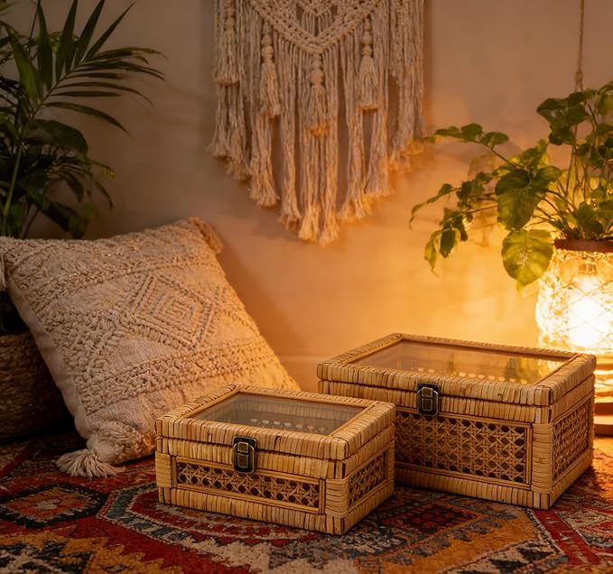 HUAXIN CRAFT H Rattan Square Box with Lid - Set of 2 Wicker Decorative Bins with Glass Cover for Display