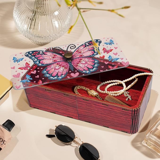 Diamond Art Painting Storage Box Kit, DIY Rectangular Wooden Decorative Container Holder with Lid, Snack Jewelry Gem Art Organizer Case for Adults (Butterfly)