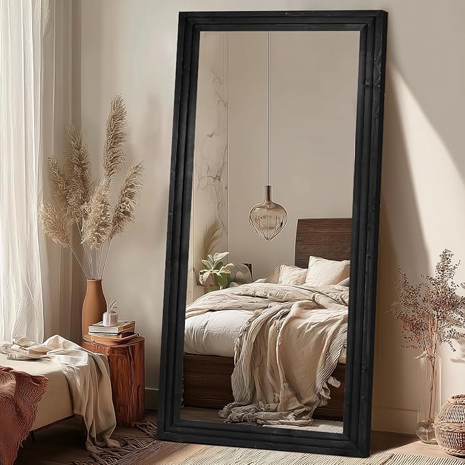 Full Length Wood Mirror 76x34 - Rustic Solid Wood Floor Mirror with Triple Layer Frame, HD Tempered Glass, Wall Mounted or Leaning Standing Mirror Vintage Black Mirror for Bedroom Bathroom Living Room