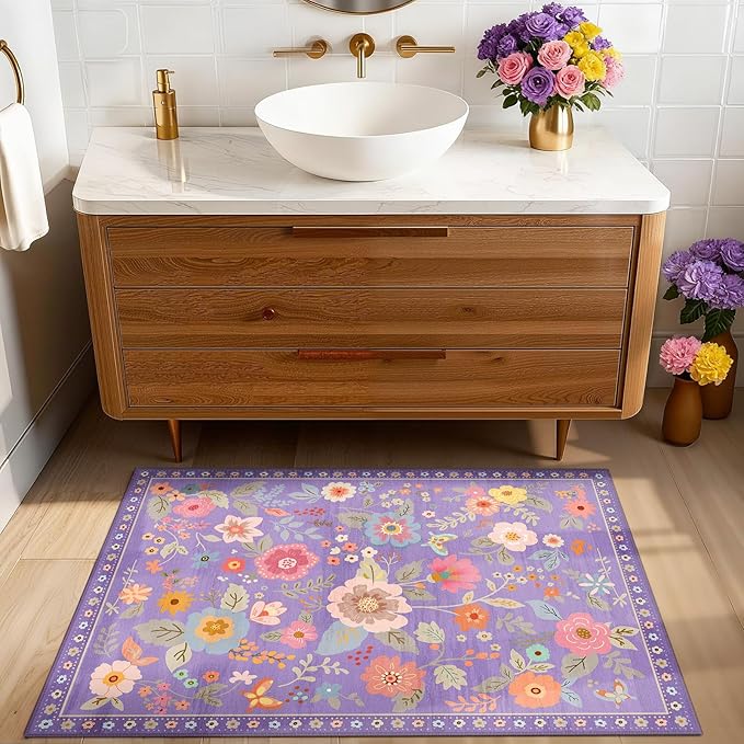 RELEANY Floral Nursery 2x3 Area Rugs Washable Print Boho Cute Carpet Non Slip Flower Low Pile for Living Room Kids Girls Playroom Bedroom Kitchen Office Farmhouse-Purple/Pink/Multi