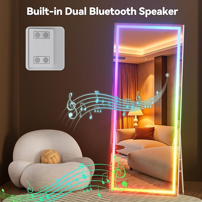 Hasipu 79"x31" LED RGB Bluetooth Full Length Mirror with Lights, Full Body Mirror with Stand, Wall Mount & Free Standing Floor Mirror for Bedroom Living Room Cloakroom, 7 Color & Brightness Adjustable