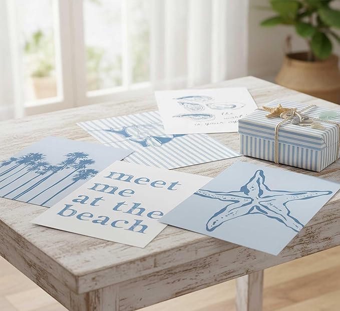 6Pcs Blue Coastal Granddaughter Canvas Wall Art Beach Shell Bikini Plant Starfish Painting Picture Wall Decor Poster Print Artwork for Teen Girl Room Dorm Apartment Unframed
