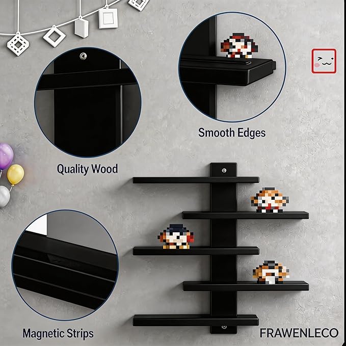 No Drill Floating Shelf for Wall, 5-Tier Wall Mounted Organizer, Damage-Free Display Shelf for Collectibles, Figures, Bathroom Kitchen Storage, Black