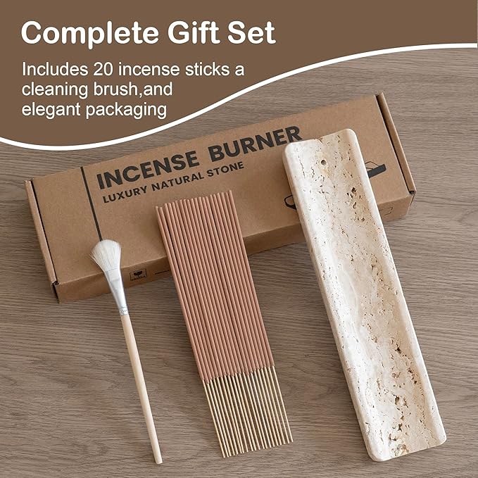 Marble Incense Holder Burner-Natural Stone Stick Incense Tray with Ash Catcher,20 Sticks & Brush - Elegant Decor for Meditation, Yoga, Home,Gift(Beige Travertine)