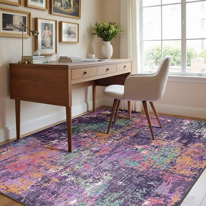 RELEANY Washable Area Rugs Square 8ft Non-Slip Modern Abstract Soft for Living Room Entryway Bedroom Nursery, Print Pattern, Purple Orange Blue Green Rust Red Colorful