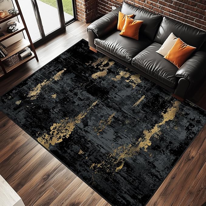 RELEANY Washable Area Rugs 6'x8' Non-Slip Modern Abstract Soft for Living Room Entryway Bedroom Nursery, Print Pattern, Dark Black Gold