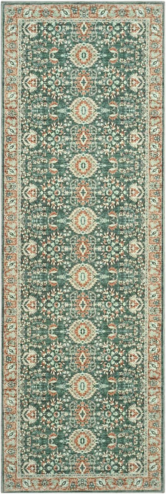 Goideal Washable Runner Rug 2x6, Vintage Rugs Non Slip, Indoor Low Pile Carpet with Rubber Backing for Kitchen Bathroom Entryway Office Bedroom,Green & Orange