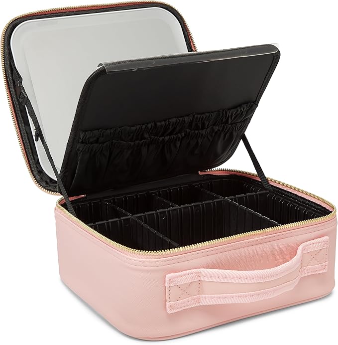 (Case Pink) Portable Travel Case Makeup Organizer Storage Bag Makeup Case Makeup Bag With Led Light Mirror