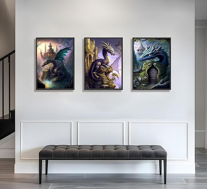 FJKLRP 3pcs Fantasy Dragon Wall Art Castle & Mythical Dragon Design Canvas Prints poster Fantasy Wall Decor with Fantasy Themed Wall Decor for Bedroom Gaming Room Living Room Decoration Unframed