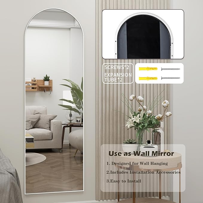 Arched Full Length Door Mirror 14x48, Metal Frame with Protective Film, No-Drilling Hanging or Wall Mount, Hooks & Hardware Included, Full Body Mirror for Bedroom, Dorm, White