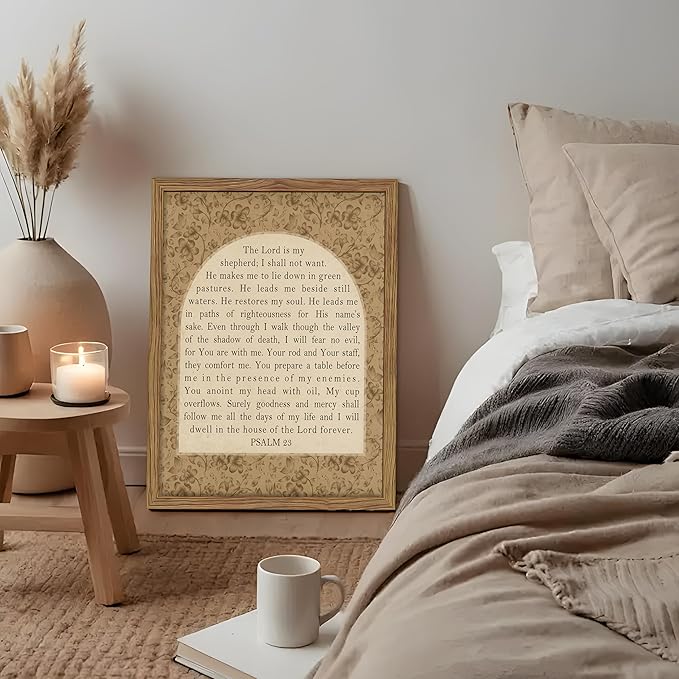 Framed Psalm 23 Wall Art, Christian Bible Verse Canvas Wall Decor, The Lord Is My Shepherd Inspirational Scripture Paintings, Vintage Floral Artwork Print Picture for Bedroom Home Office 16x24 Inch
