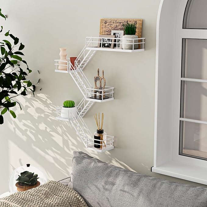 Fire Escape Shelf - 5 Tier Metal White Fire Escape Wall Shelves with Baskets, New York Action Figurine Display Shelf, Unique Rustic Floating Decorative Wall Shelves for Any Room
