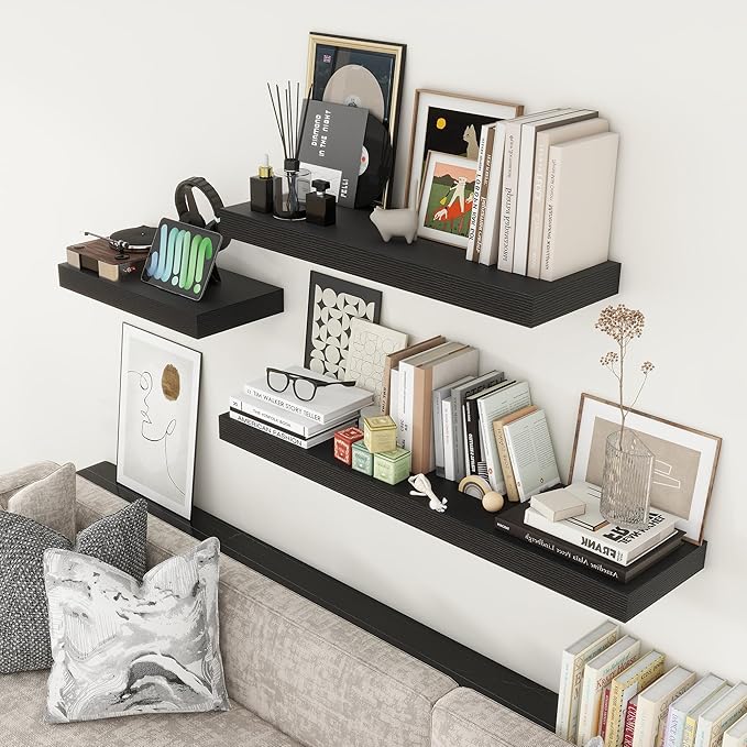 FLYJOE 48 Inch Black Floating Shelf | 12 Inch Deep Floating Shelves Set of 1 | 48" D x 12" D Rustic Wood Shelves for Wall | Deep Black Shelves for Living Room Bathroom Laundry Room Kitchen