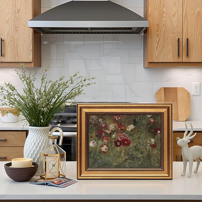 HUARCEY Framed Canvas Wall Art Prints, Bathroom Shelf Vintage Decor Aesthetic, Poppies Floral Paintings Farmhouse Wall Decor, Retro Table Desk Pictures for Bedroom Living Room, 12x16Inch