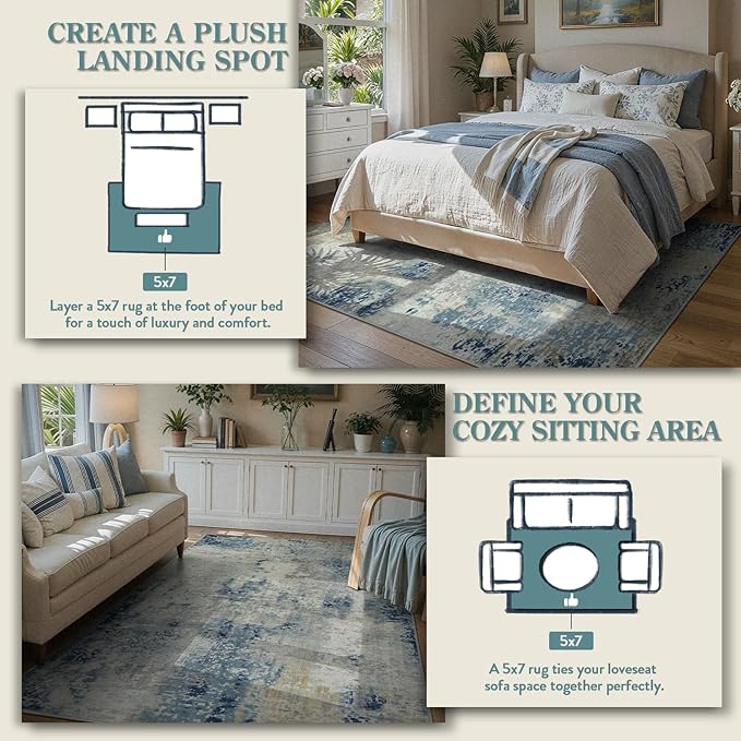Lahome Modern Abstract Washable Area Rugs 5x7, Soft Living Room Rug Non Slip Stain Resistance, Faux Wool Floor Carpet for Bedroom Dining Room Nursery Kids Playroom,Blue/Grey