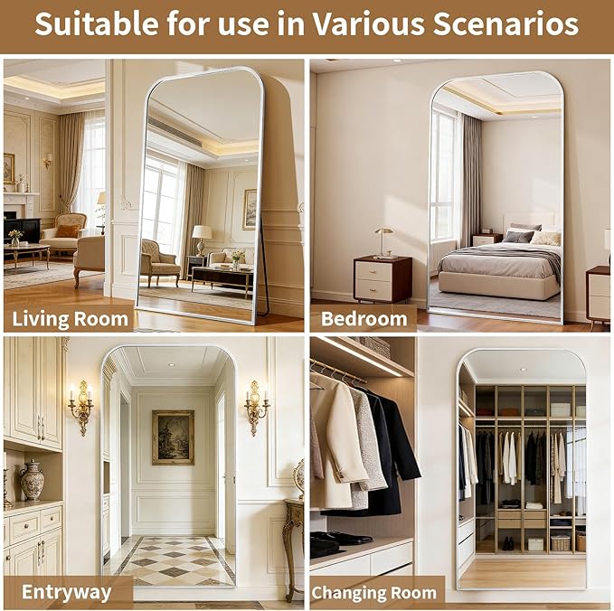 Full Length Mirror 81"x41" Arched Floor Standing Large Mirrors Full Body Mirror with Stand - with Aluminum Frame for Bedroom Living Room, Silver