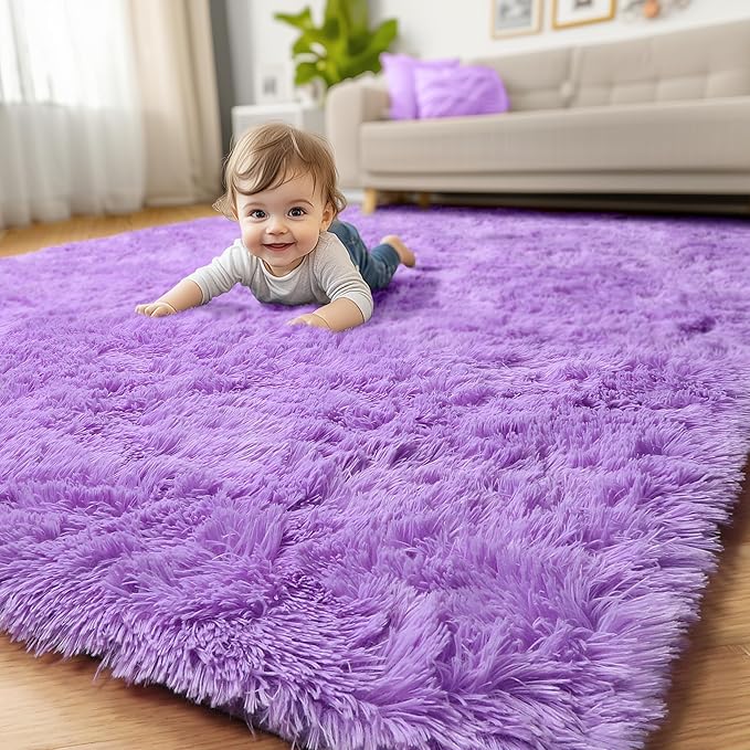 Purple Rugs for Bedroom Girls Room Decor Aesthetic, Cute Fluffy Shag Lavender Area Rug 4x6 for Living Room Dorm Classroom Nursery, Furry Plush Fuzzy Soft Throw Lilac Carpet for Kids, Baby, Teen