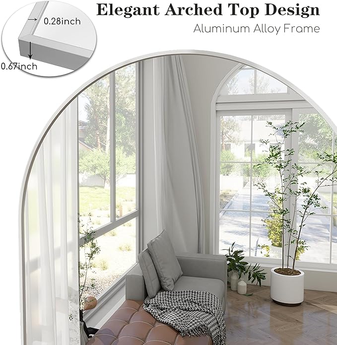 Prywot Full Length Mirror, 71"x30" Arched-Top Floor Mirrors, Modern Full Body Mirrors with Stand, Wall Mirror with Aluminum Alloy Frame for Bedroom,Living Room, White