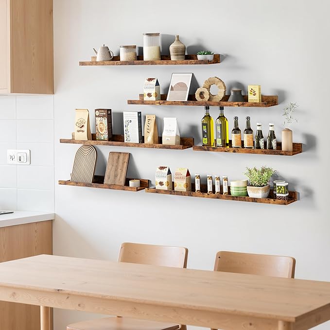 Merapi 6-Pack Floating Shelves for Wall, 24 Inch Long Modern Wood Shelves for Living Room, Bedroom, Bathroom & Kitchen Decor, Easy Installation Wall Mounted Storage Display Shelves