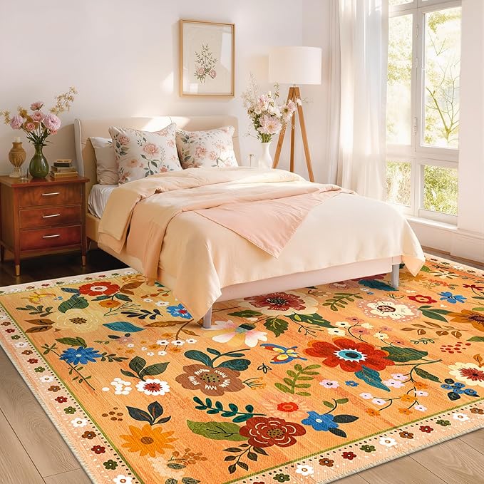 RELEANY Floral Nursery 8x10 Area Rugs Washable Print Boho Cute Carpet Non Slip Flower Low Pile for Living Room Kids Girls Playroom Bedroom Kitchen Office Farmhouse-Yellow/Orange