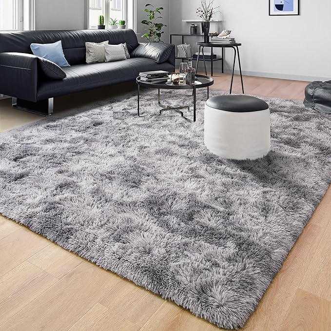 Tepook Fluffy Large Rugs for Living Room, 8x10 Area Rugs for Bedroom, Modern Shag Fuzzy Carpets for Kids Boys Girls, Plush Indoor Nursery Home Decor Rug with Non-Slip Bottom, Tie-dye Light Grey