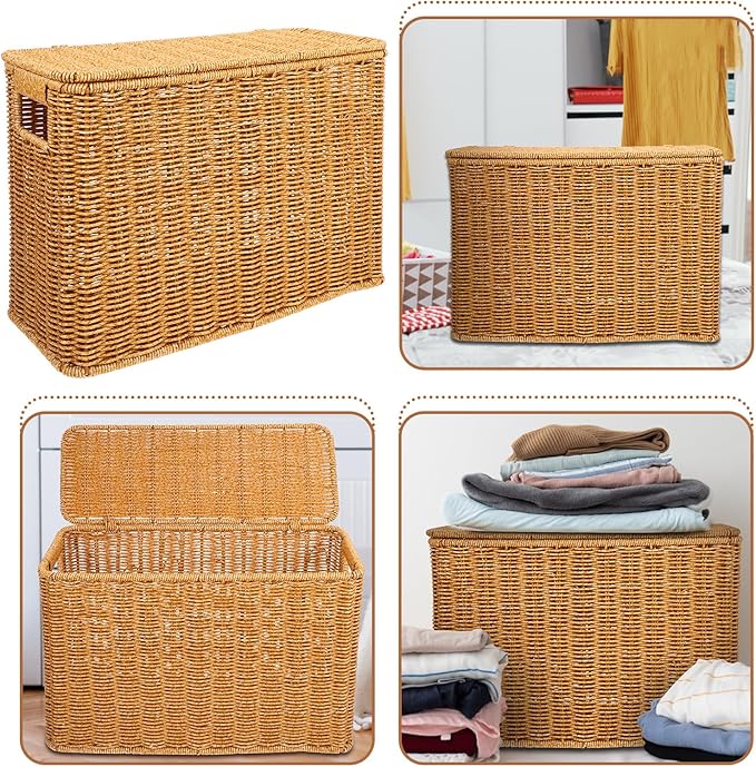 Woven Storage Basket with Lid and Handle 14.96X10.62X5.90In Portable Sundries Organizer for Toys Magazines Kitchen Storage and Home D Cor