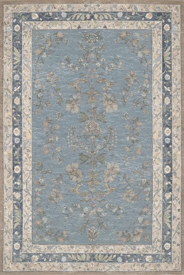 GENIMO 5x7 Area Rugs for Living Room, Machine Washable Non Slip Vintage Rugs, Low Pile Lightweight Chenille Print Rug for Bedroom, Dining Room, Home Office, Dusty Blue