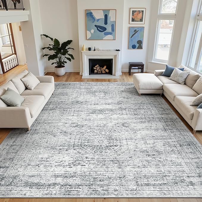 Soalmost 10x14 Area Rugs for Living Room, Non Slip Machine Washable Vintage Rugs, Low Pile Lightweight Large Rug for Bedroom, Dining Room, Home Office Grey