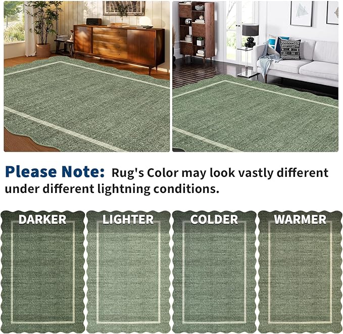 GarveeHome Scalloped Washable Area Rug 8x10 Rug for Living Room Modern Rug Non Slip Throw Rugs Large Rugs for Bedroom Low Pile Non Shedding Stain Resistant Carpet for Dining Room 8'x10' Greyish Green