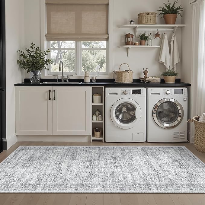 Soalmost Runner Rug 2'x6' Washable Non-Slip Runner Rugs for Kitchen Bathroom Laundry Room Grey Vintage Floor Carpet Runners for Hallway Entryway