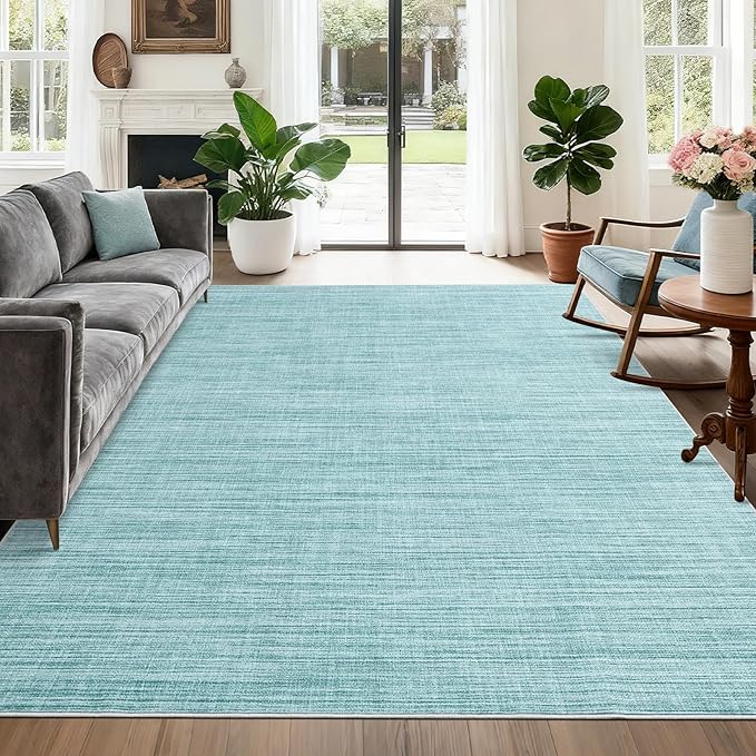 5x7 Washable Rugs Non Slip Minimalist Area Rug for Bedroom Soft Low Pile Solid Color Large Bedroom Throw Carpet Stain Resistant Classic Neutral Area Rug Plain Boho Rugs for Kitchen Nursery, Blue