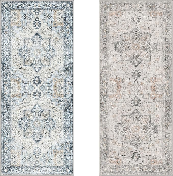 GENIMO 2.5x6 Reversible Runner Rugs for Hallway, Machine Washable Non Slip Vintage Rugs with Pad, Low Pile Lightweight Soft Print Rug for enrtyway, Corridor, Home, Office, Kitchen, Taupe & Blue