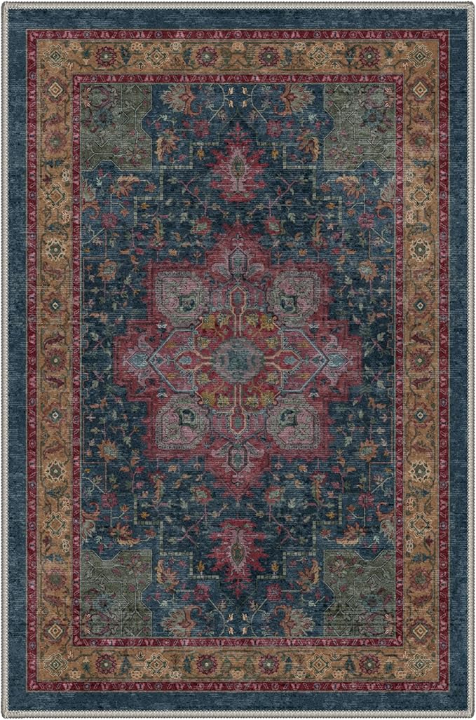 GENIMO Area Rug 2x3 Doormat, Machine Washable Low Pile Rugs, Small Retro Chenille Entryway Mat for Entrance, Hallway, Kitchen and Corridor, Teal Burgundy