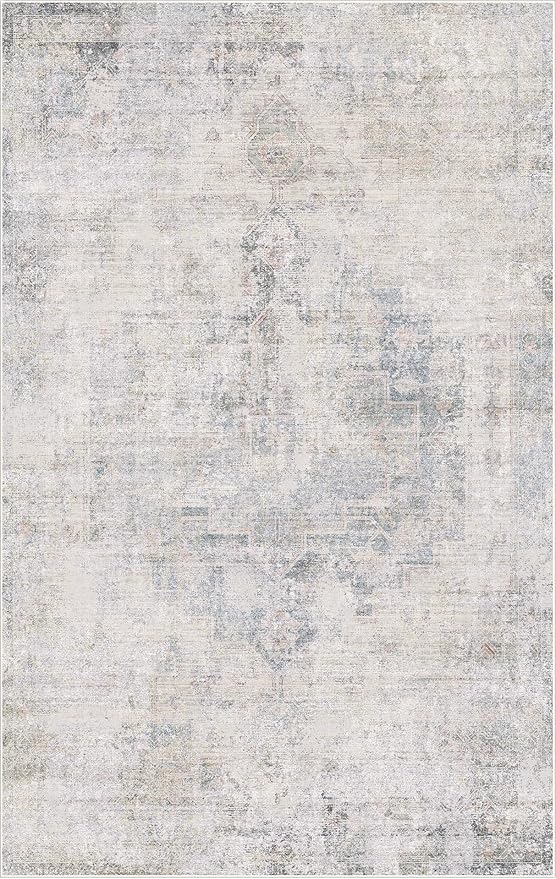 Hazo Haus Blue Abstract Rug for Dining Room - 5x8 Modern Area Rug for Home Office, Foyer, Bedroom, Low Pile & Lightweight