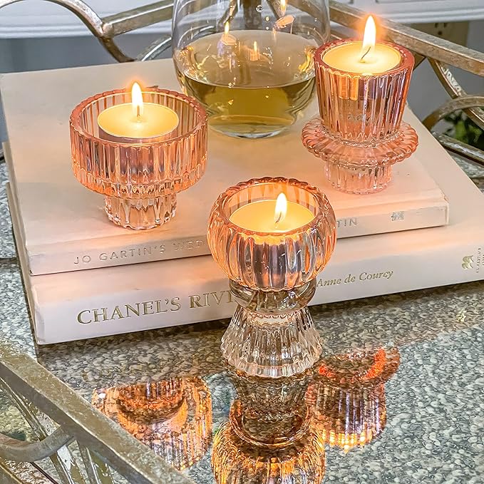 Kate Aspen Glass Taper Candle Holder Set of 6 - Rose Gold Ribbed Vintage Candlestick Votive Pillar Decorative Centerpiece for Dining Table Shelf Decor
