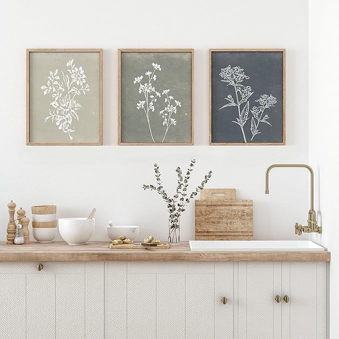 Liswit Framed Boho Wall Art Set of 4 for Wooded Minimalist Botanical Print Wall Art for Rustic Vintage Farmhouse Home Kitchen Wall Decor (Brown, 12x16)