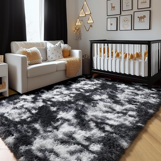 Amdrebio Black White Grey Rugs for Living Room Bedroom, 8x10 Large Fluffy Shaggy Furry Area Rug for Kids Room Dorm Home Office Apartment, Fuzzy Shag Plush Floor Modern Cool Carpet for Men Teen Boys