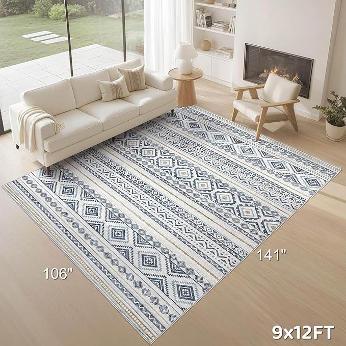 cotiled 7x9 Area Rug Living Room: Washable Boho Rugs with Non Slip Backing Large Soft Indoor Stain Resistant Carpet for Bedroom Farmhouse Dining Room Lightweight Home Decor Blue