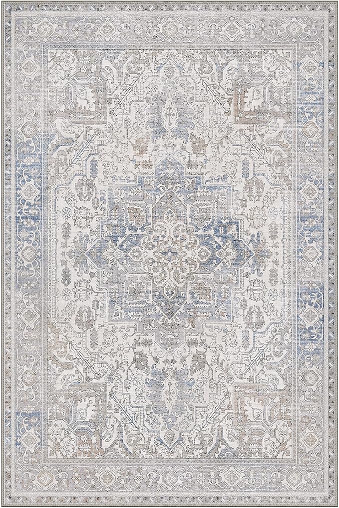 GENIMO 6x9 Area Rugs for Living Room, Machine Washable Rug, Non Slip Indoor Vintage Rug, Low Pile Lightweight Chenille Print Carpet for Bedroom Dining Room Home Office, Khaki Blue