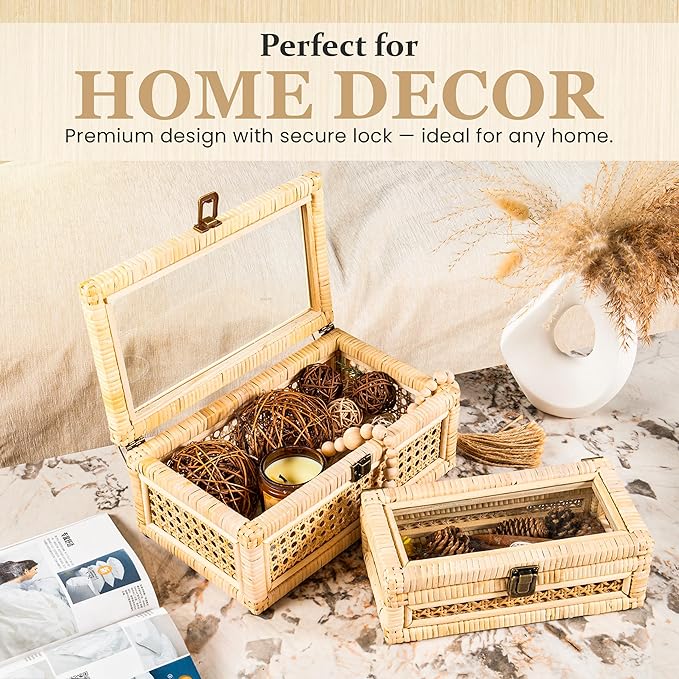 Rattan Decorative Box with Lid & Secure Lock | Decorative Box with Lids for Home Decor | Rattan Display Box | Boho Storage Box | Wicker Basket Organizer | Includes 10x Non-Scratch Felt Pads