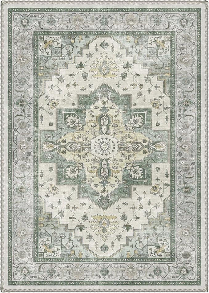 GENIMO 3x5 Area Rugs for Living Room, Machine Washable Non Slip Vintage Rugs, Low Pile Lightweight Chenille Print Rug for Bedroom, Dining Room, Home Office, Sage Green