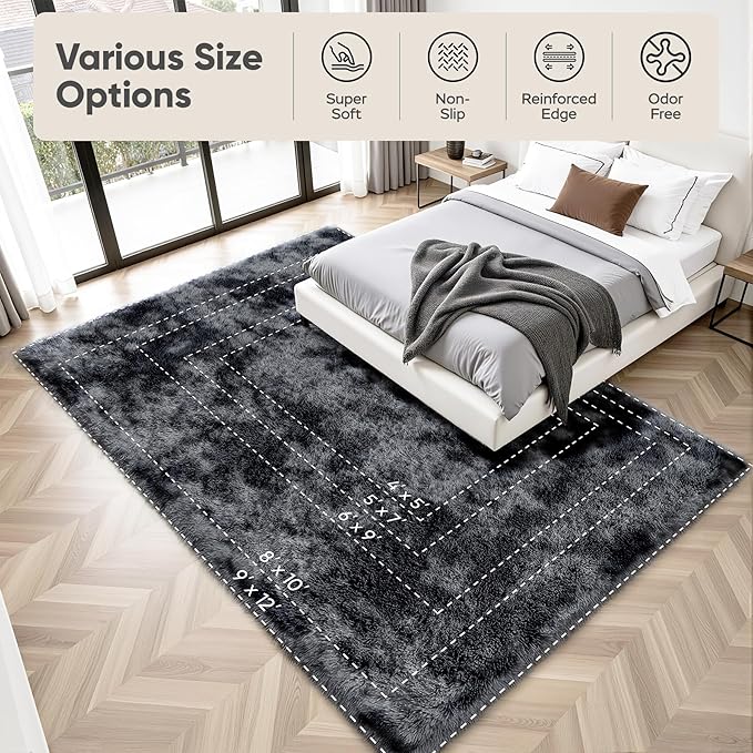 Area Rug for Living Room Bedroom: 4x6 Black Grey Soft Fluffy Shag Upgrade Non-Slip High Pile Carpet Large Fuzzy Plush Indoor Floor Decor Shaggy Rug for Kid Boys Girls Playroom Nursery Modern Home