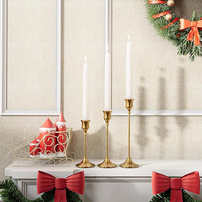 NLBTW Brass Gold Candlestick Holders Taper Candle Holders, Set of 3 Vintage Candle Sticks Holder Decor Used as Fireplace Mantel or Table Centerpieces for Wedding, Dinning, Party