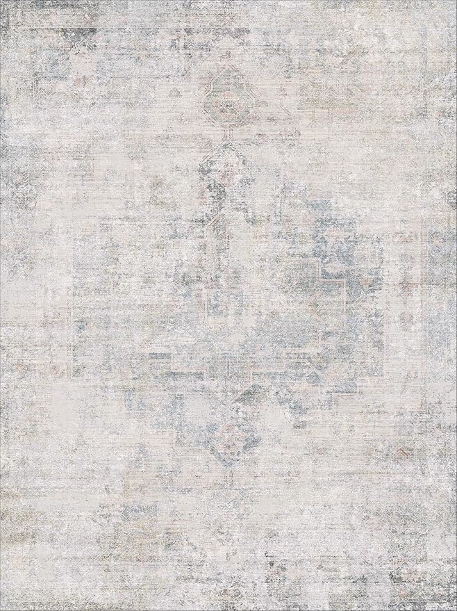 9x12 Washable Area Rug for Living Room, Large Light Blue Vintage Medallion Rug, Non Slip Low Pile Stain Resistant Carpet for Bedroom Dining Room, Soft Distressed Neutral Home Decor