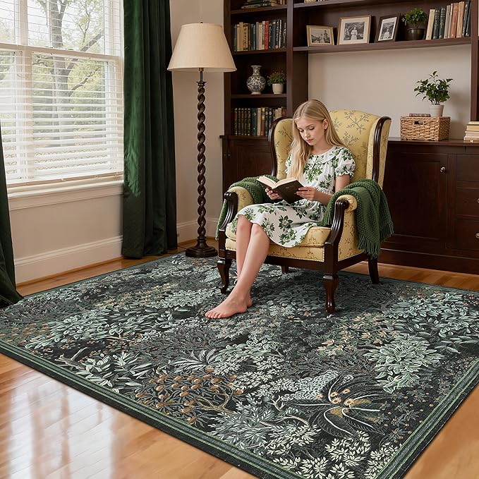 GarveeHome Forest Rugs 8x10, Black Green Washable 8x10 Area Rug for Living Room, Botanical Low Pile Non Slip Stain Resistance Large Carpet for Office Dining Room, Farmhouse