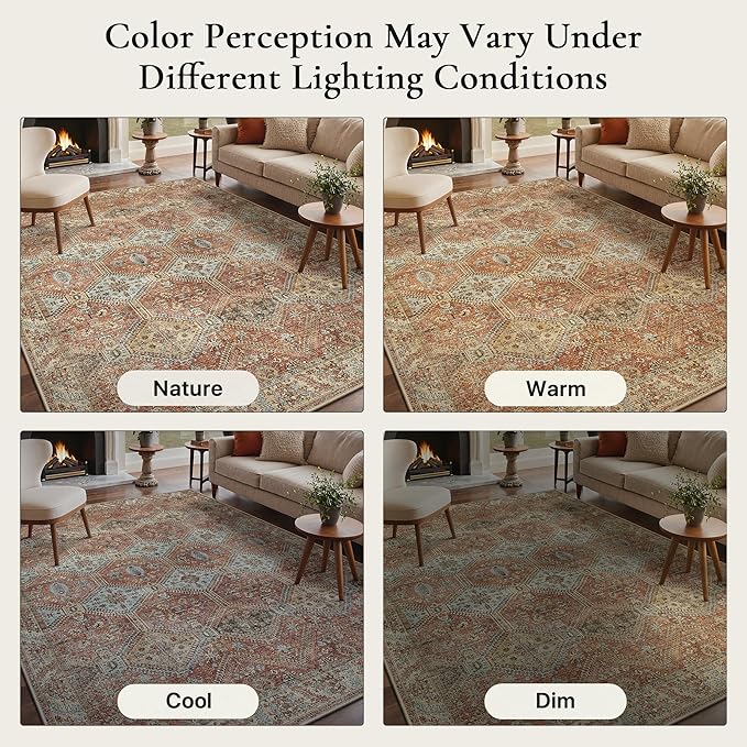 GENIMO 5x7 Area Rugs for Living Room, Machine Washable Non Slip Rugs, Low Pile Lightweight Print Rug for Bedroom, Dining Room, Home Office, Vintage Brick Red